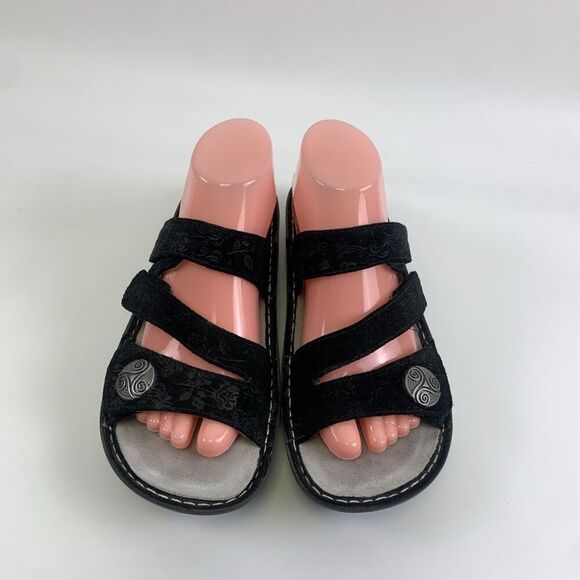 Alegria Strappy Slide Sandal Black Nubuck Embossed Slip On Womens 40 9.5 - 10 - Picture 6 of 15